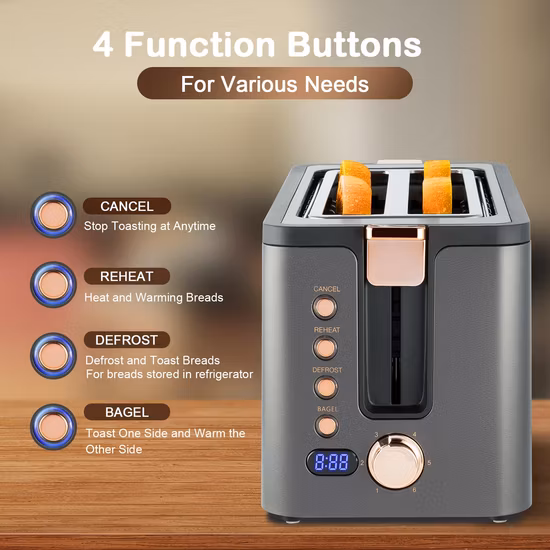 Hot Sale 6 Browning Settings Warming Rack Long Slot 4 Slice Toaster